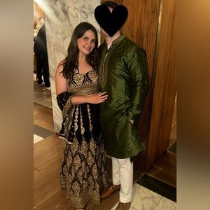 Elegant Black and Gold Embroidered Lehenga Two Piece Dress for Indian Wedding